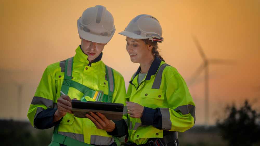 Två elektriker tittar på en ipad framför vindkraftverk.